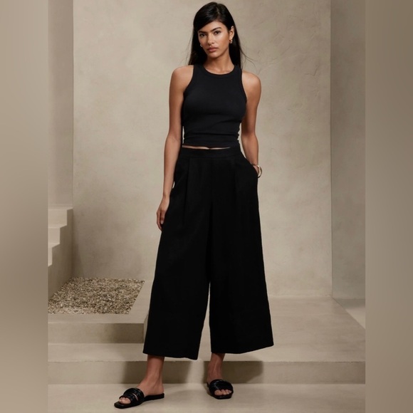 NWT! BANANA REPUBLIC  BLACK LINEN-BLEND CROPPED WIDE-LEG PANT - MULTIPLE💛 - Picture 1 of 5